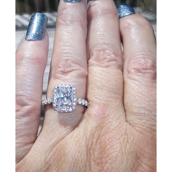 925 STERLING SILVER Radiant Cut Clear Cubic Zirconia Halo Ring - Picture 6 of 16